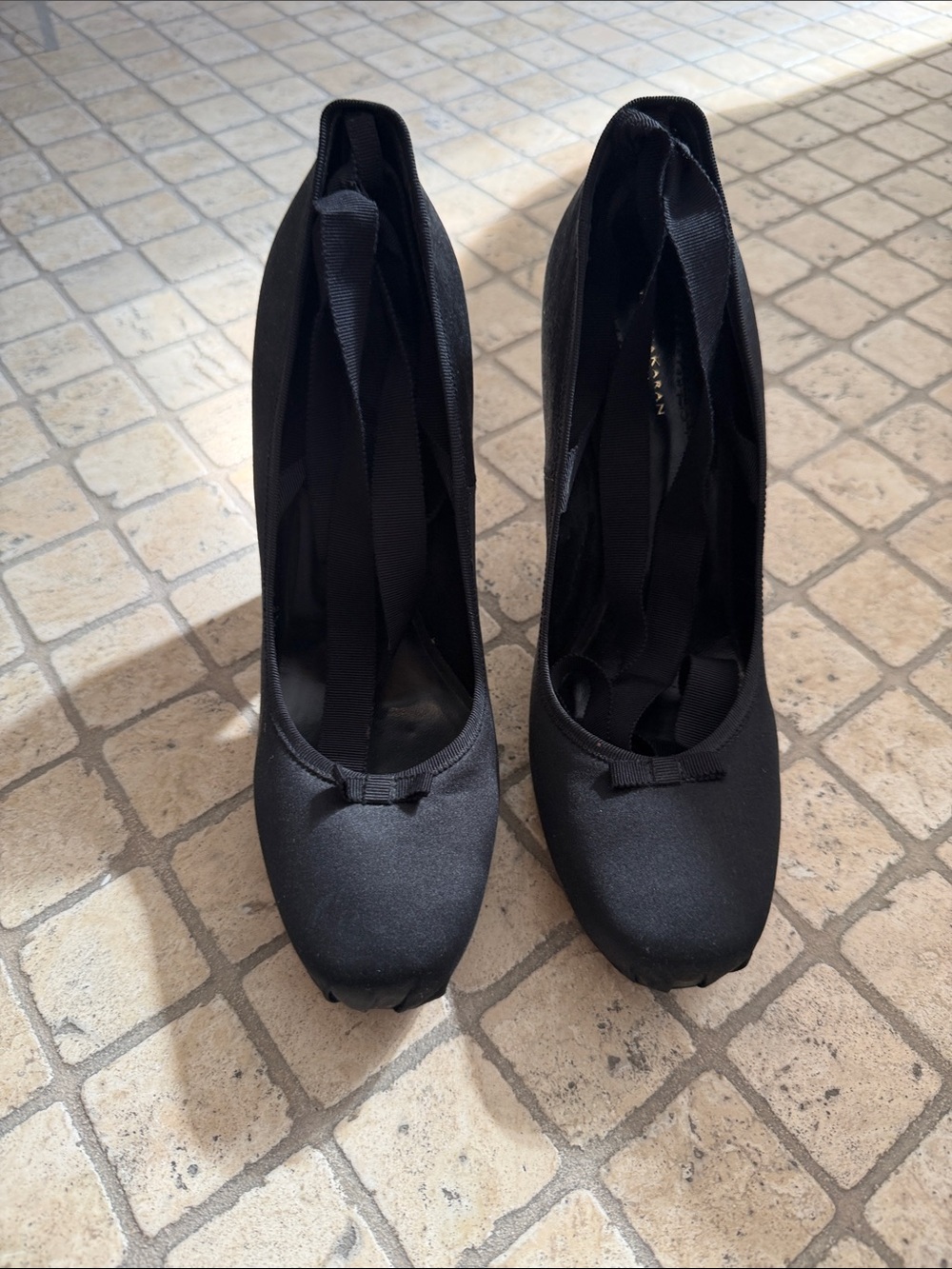 Donna Karan Black Satin Heels with Ankle Ribbon Tie